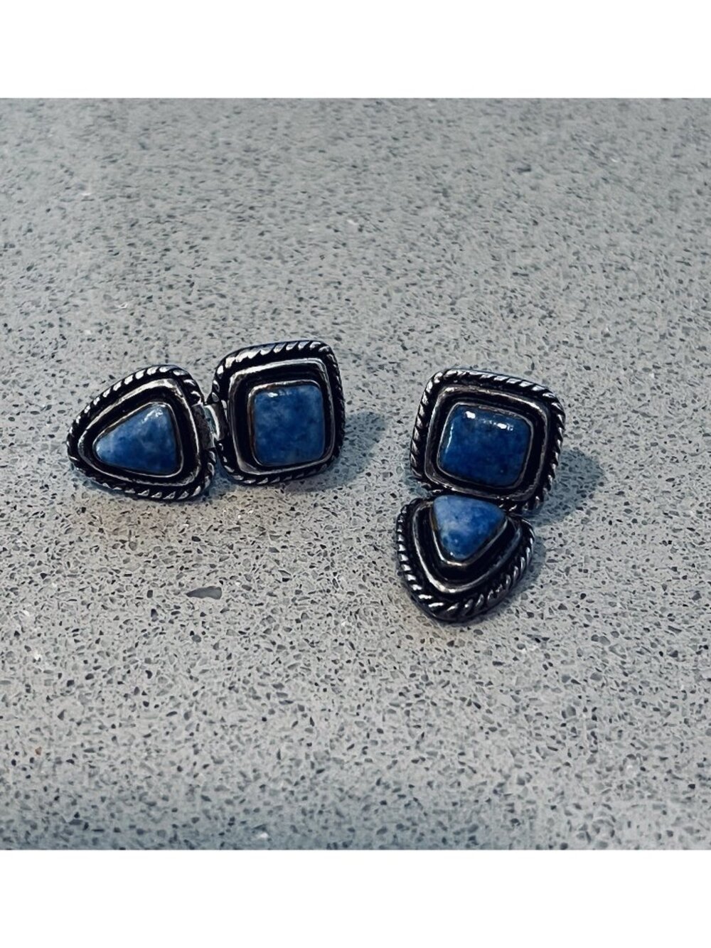 Vtg Sterling Silver Hinged Square and Triangle earrings with Denim Lapis Lazuli